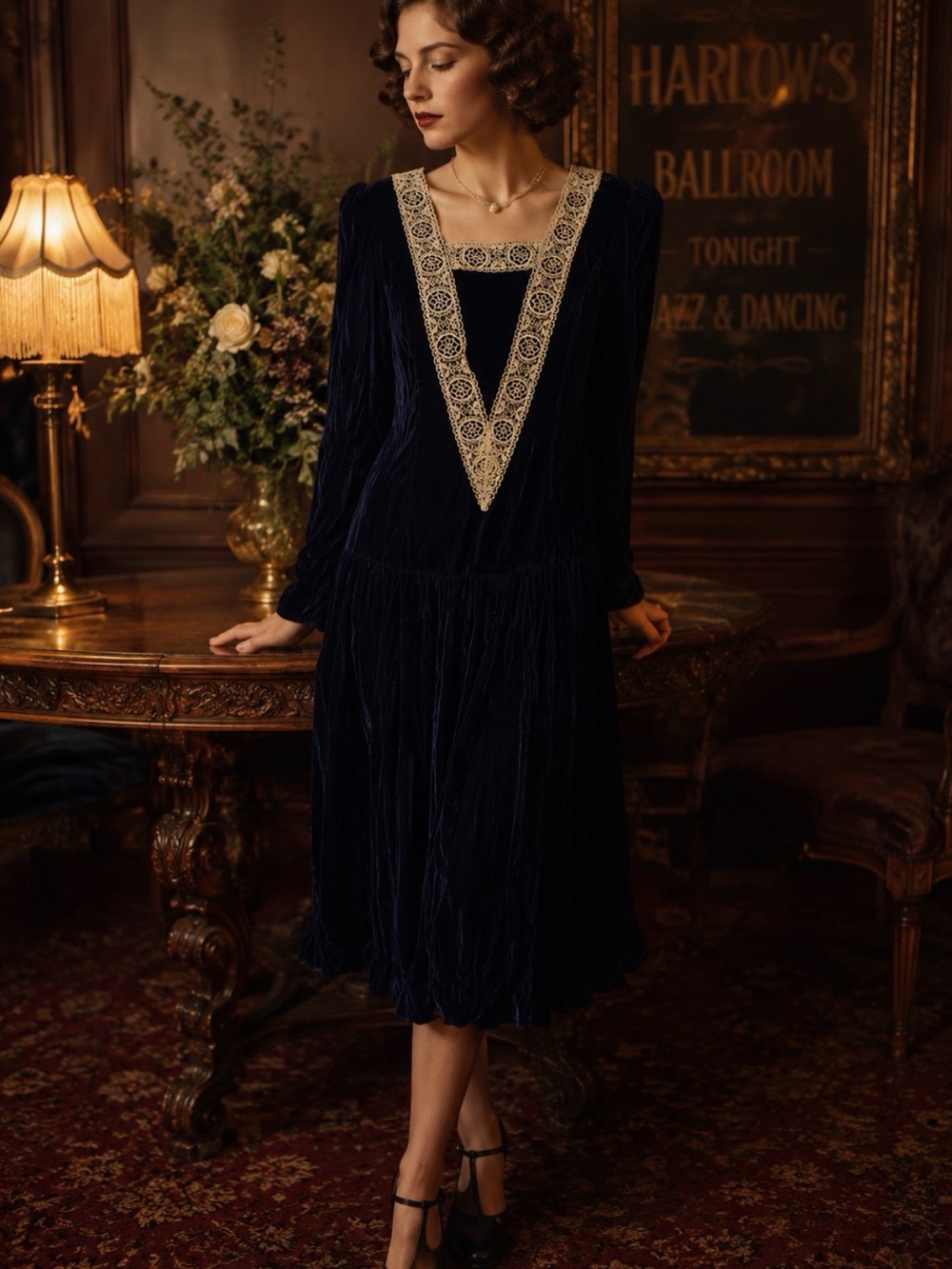 Vintage Gunne Sax Jessica McClintock Navy Blue Velvet Lace Dress Size 9
